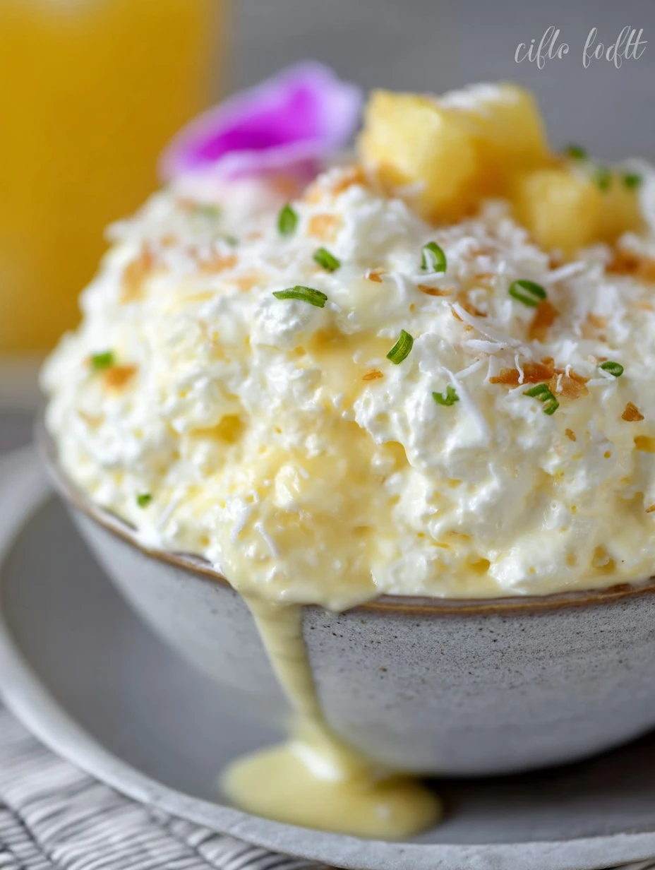 Delicious Pina Colada Fluff dessert in a bowl topped with pineapple and coconut.
