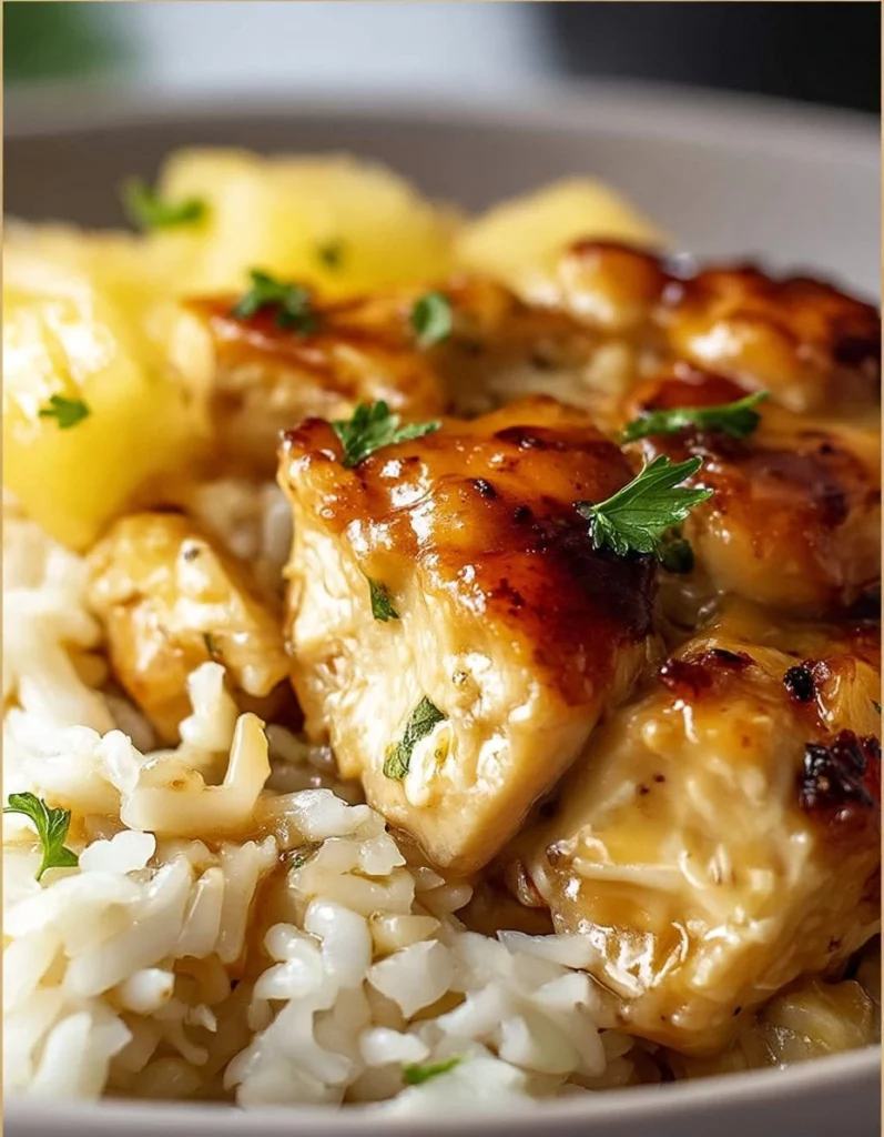 Delicious Pineapple Chicken and Rice served on a plate with vibrant toppings