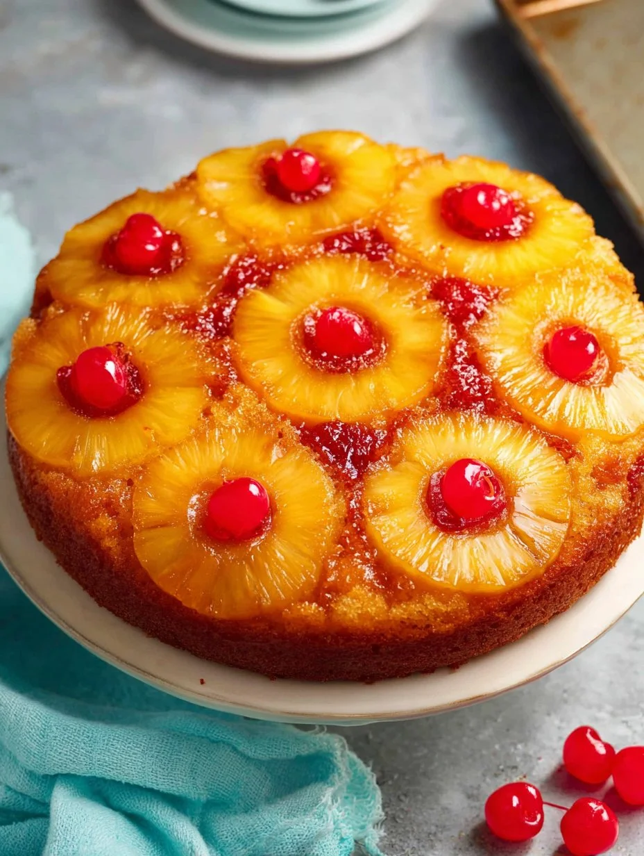 Delicious Pineapple Upside Down Cake with caramelized pineapples and cherries on top