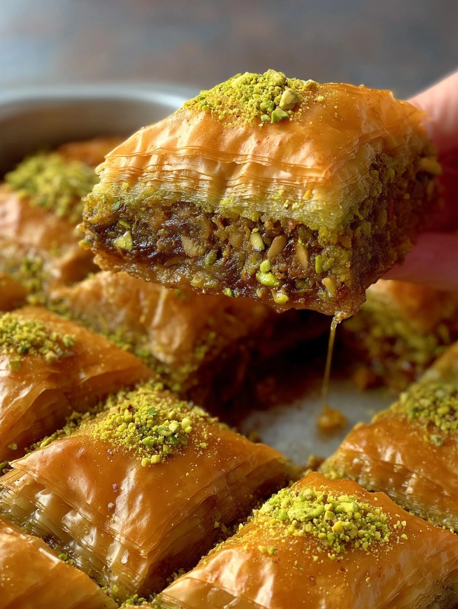 Delicious Pistachio Baklava topped with crushed pistachios and honey glaze