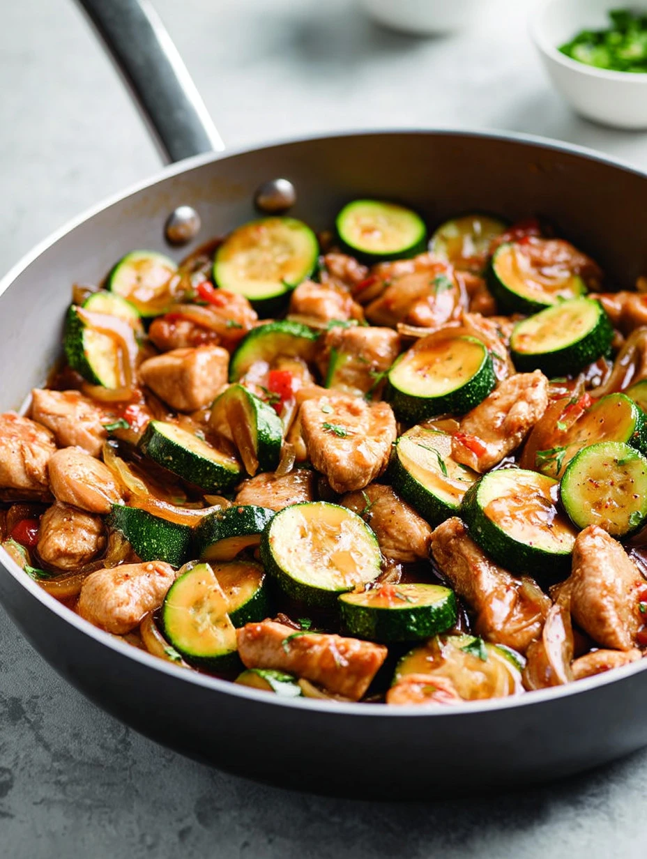 Ponzu Zucchini Stir Fry with Chicken in a colorful stir fry dish