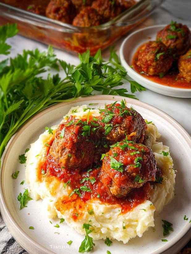 Delicious porcupine meatballs served with rice and garnished with parsley.