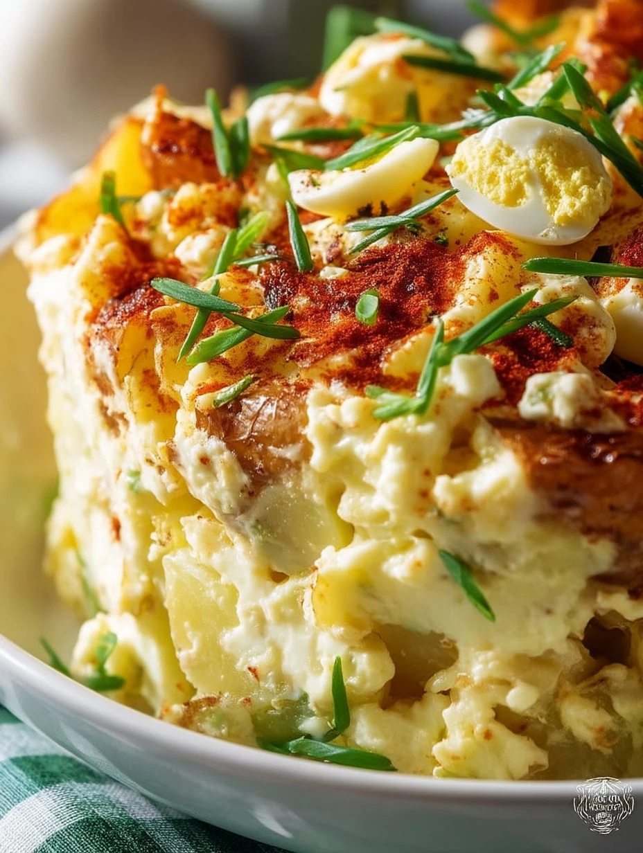 A bowl of creamy potato salad with parsley and vegetables