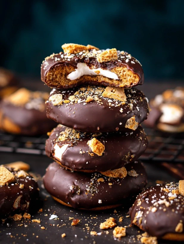 Ritz S'mores Cookies on a plate, featuring chocolate, marshmallow, and graham cracker flavors.