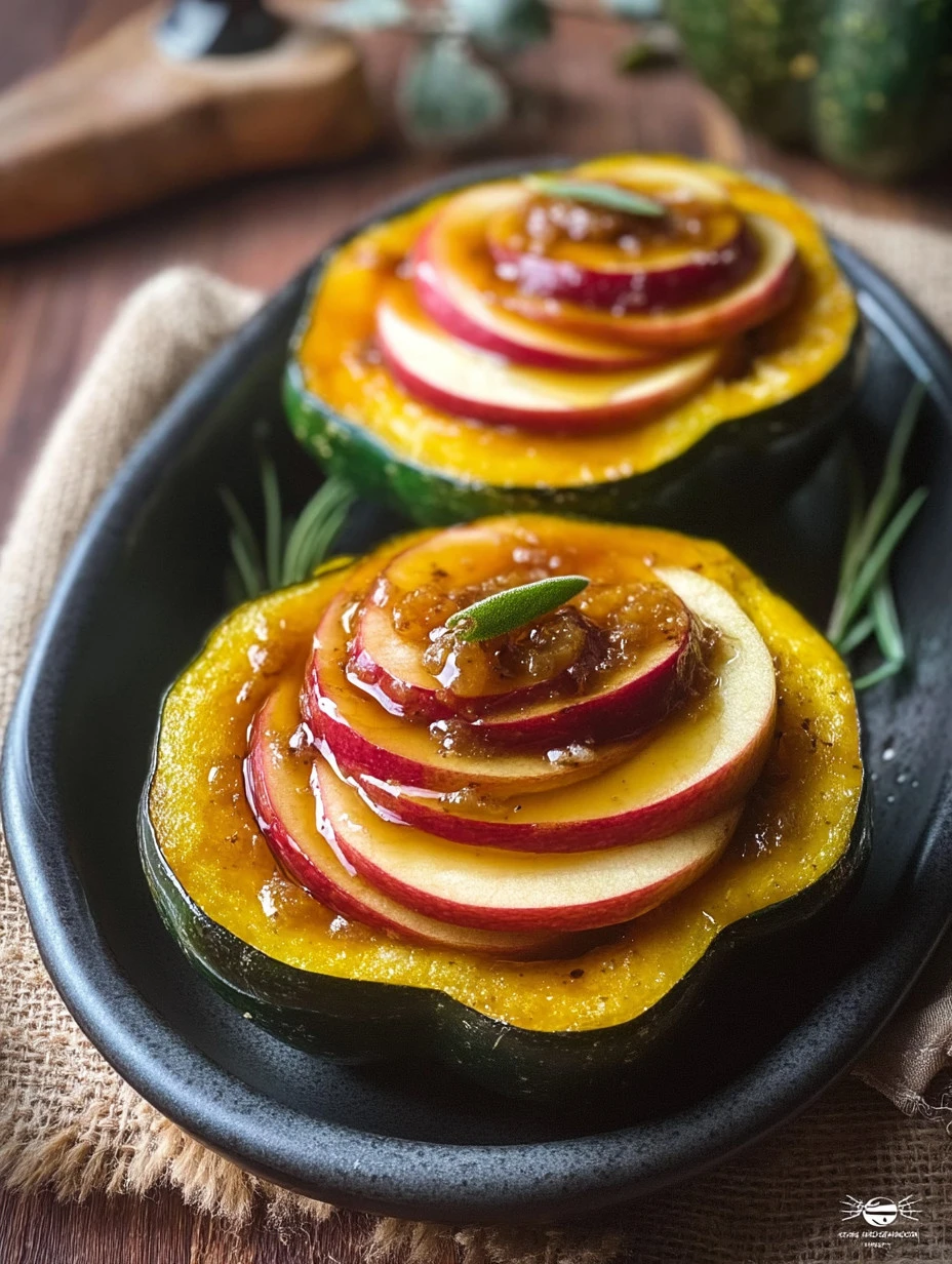 Roasted acorn squash stuffed with cinnamon-brown sugar caramelized apples
