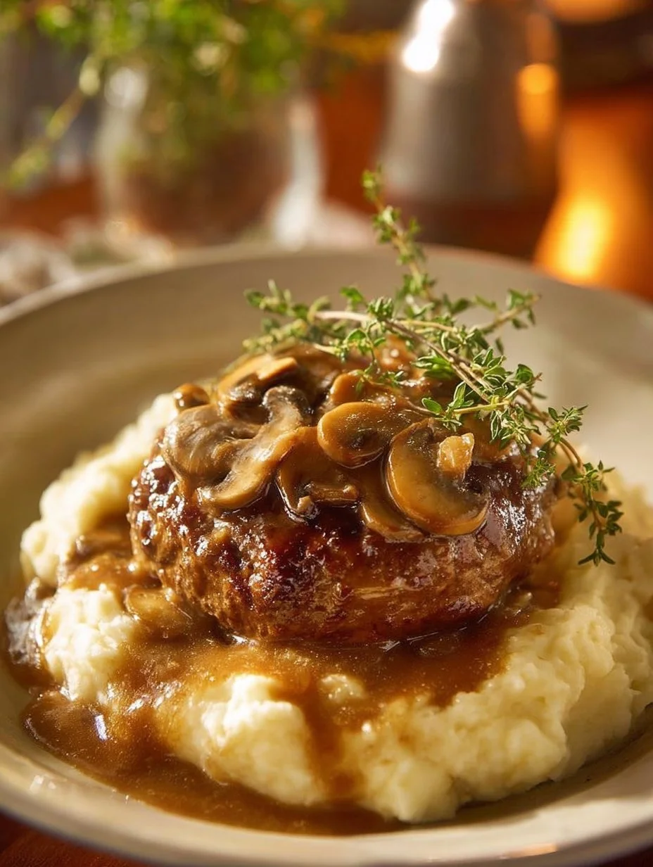 Salisbury steak served with savory mushroom gravy on a plate