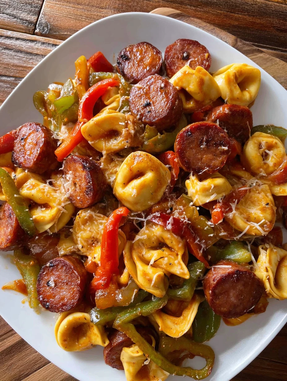 Sausage Tortellini Skillet with vegetables in a pan.