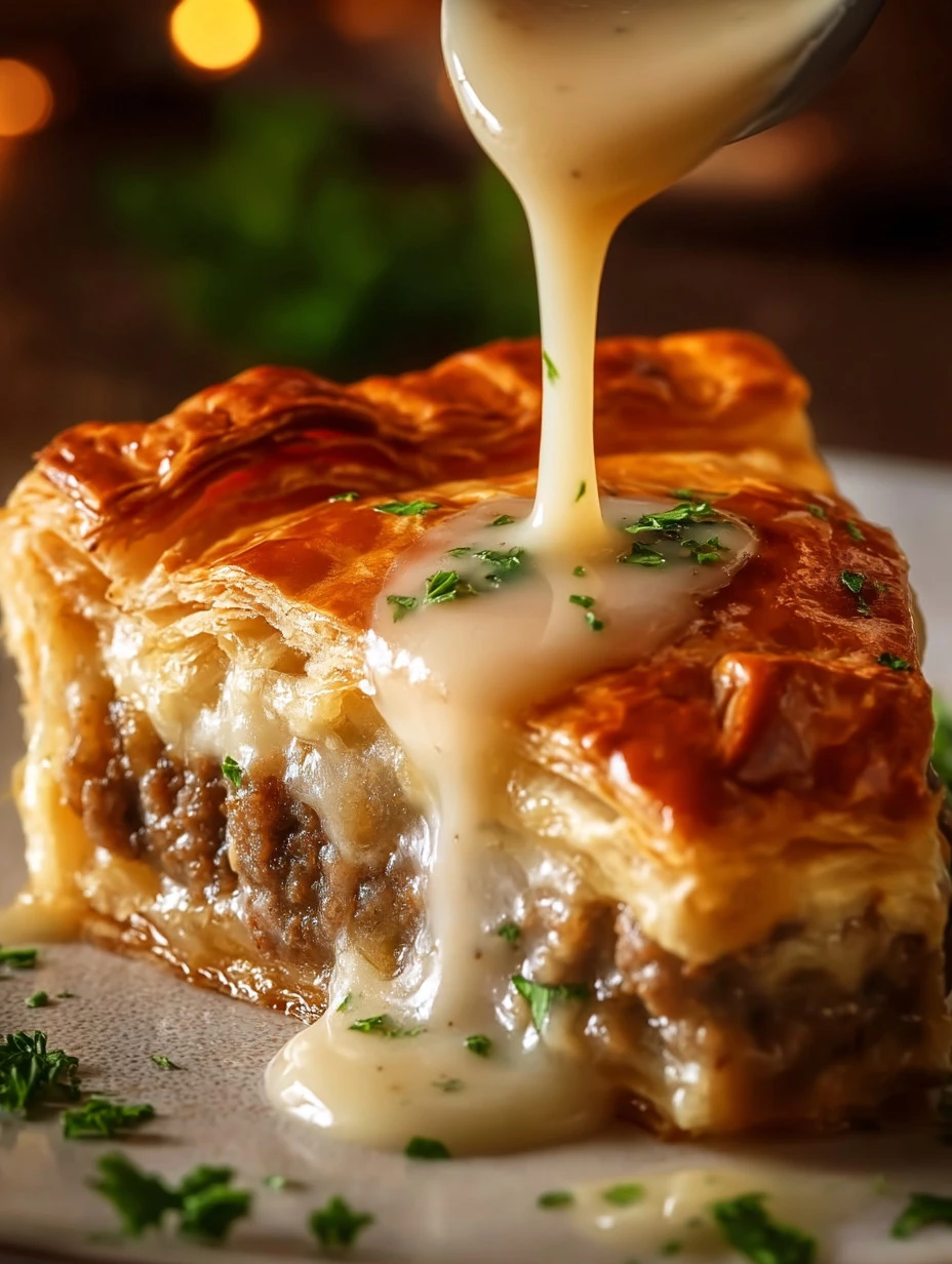 Sausage Gravy Puff Pie with golden crust and savory filling
