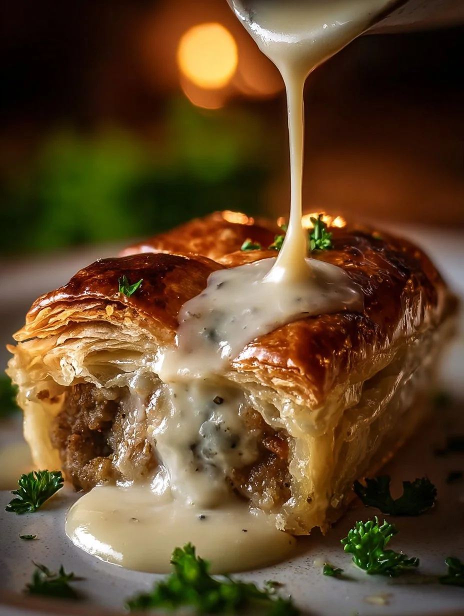 Sausage Gravy Puff Pie with flaky crust and creamy sausage filling