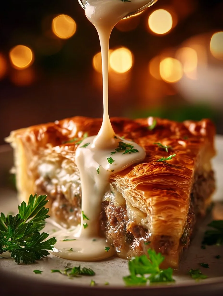 Sausage Gravy Puff Pie with flaky crust and creamy sausage filling