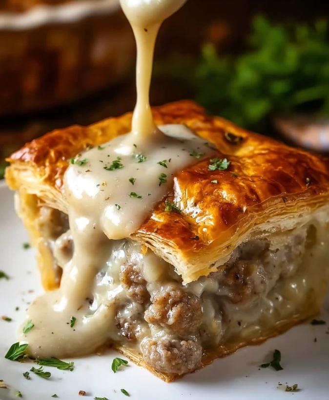 Sausage Gravy Puff Pie served on a plate, showcasing flaky pastry and rich sausage filling.