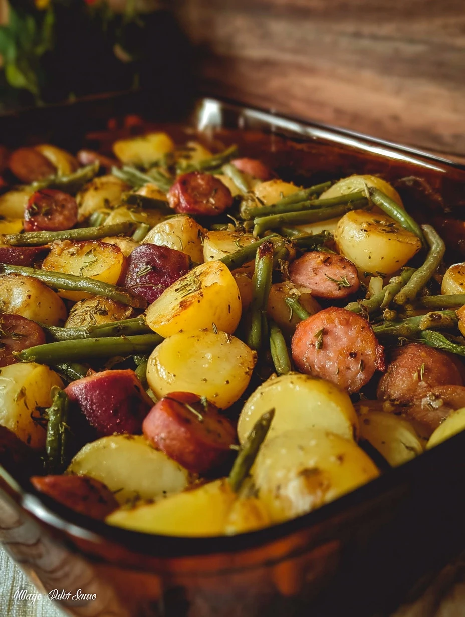 Sausage green bean potato casserole in a baking dish, ready to serve.