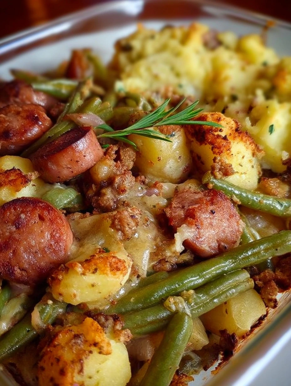Delicious Sausage Green Bean Potato Casserole baked to perfection