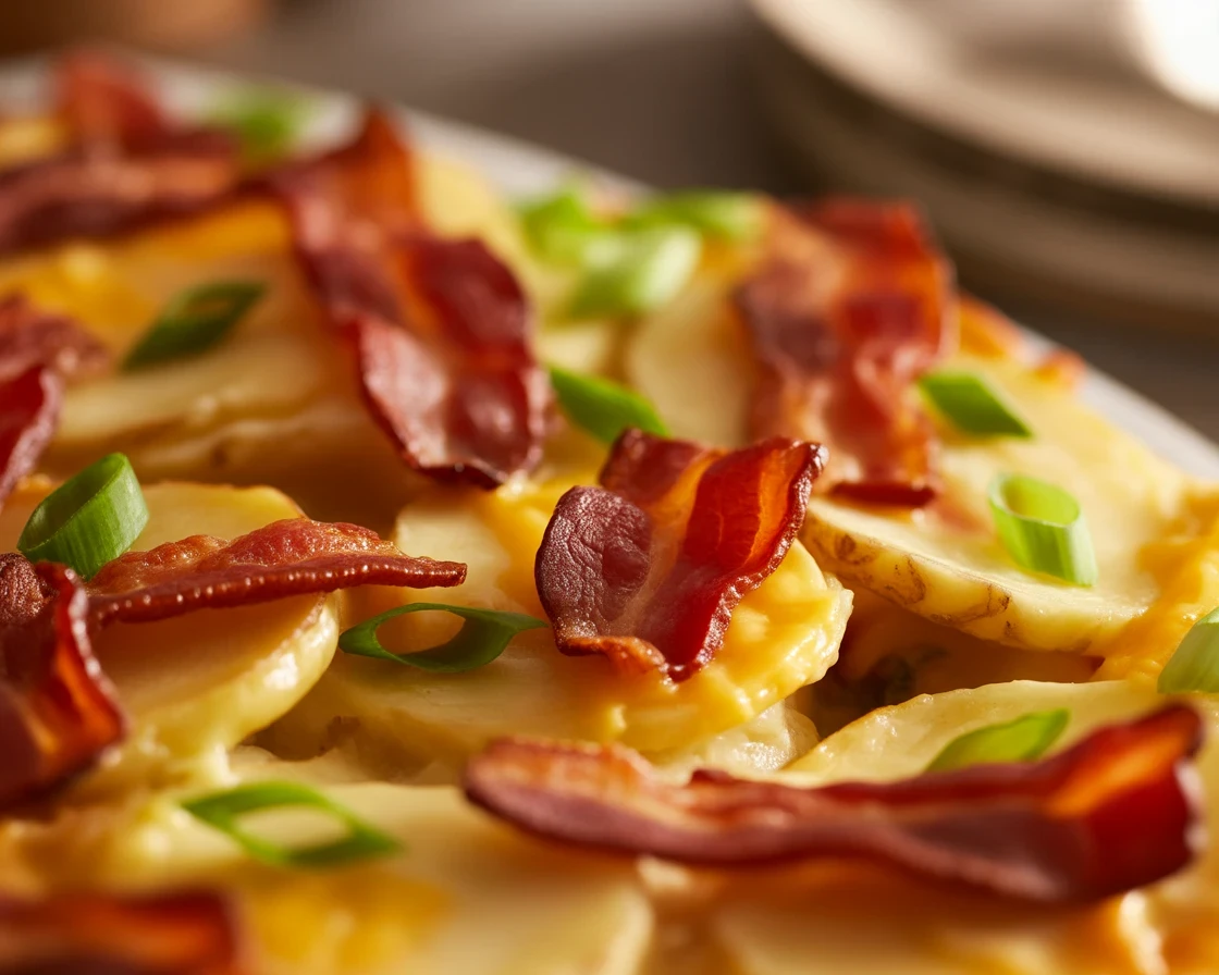 Delicious Potato Au Gratin with Bacon layered with creamy cheese and buttery potatoes.