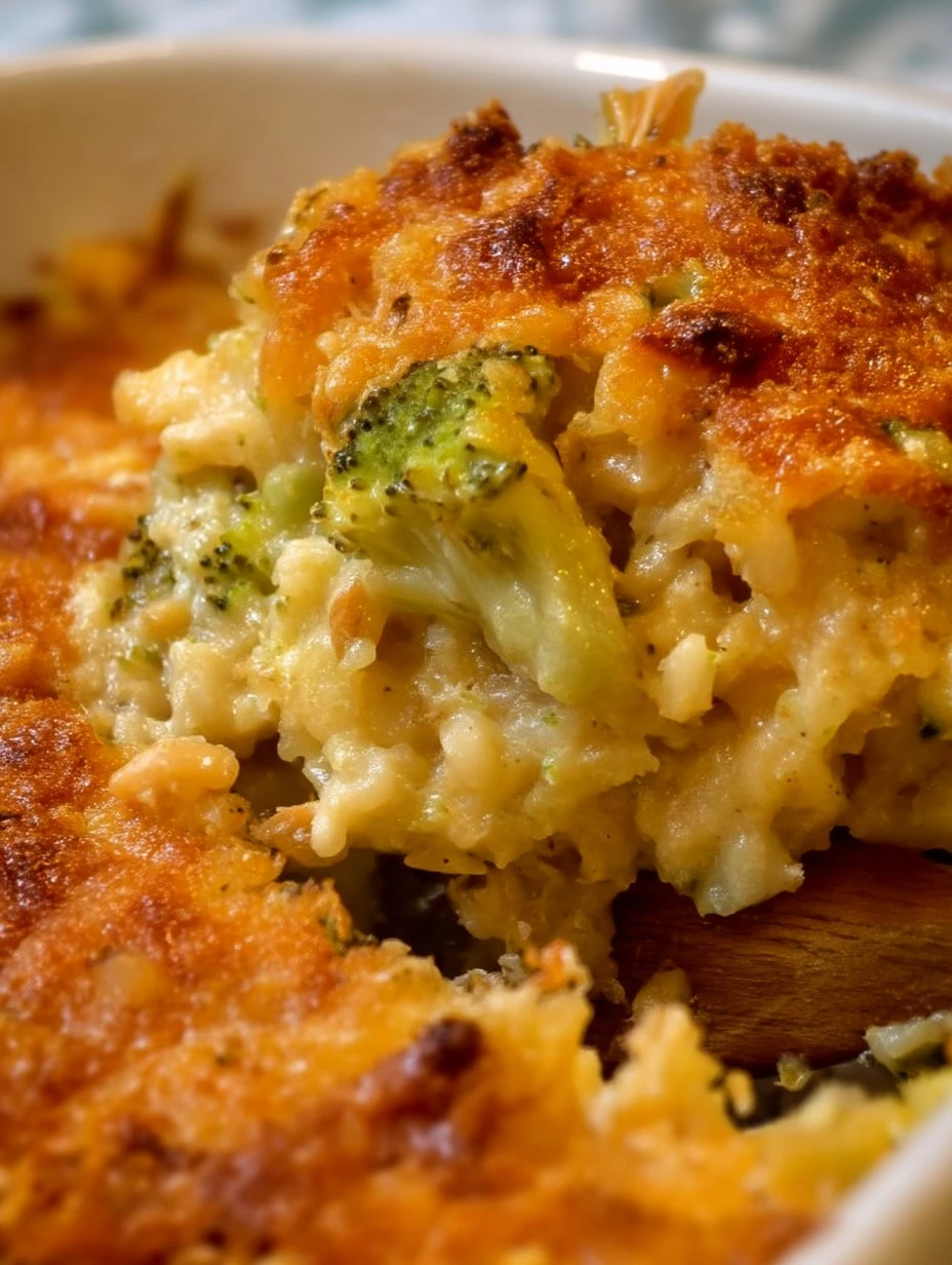 Scrumptious chicken broccoli rice casserole served in a baking dish