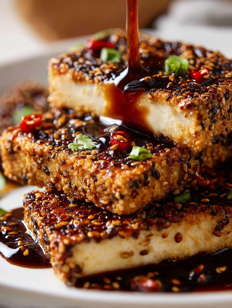Sesame crusted tofu steaks topped with teriyaki sauce on a plate