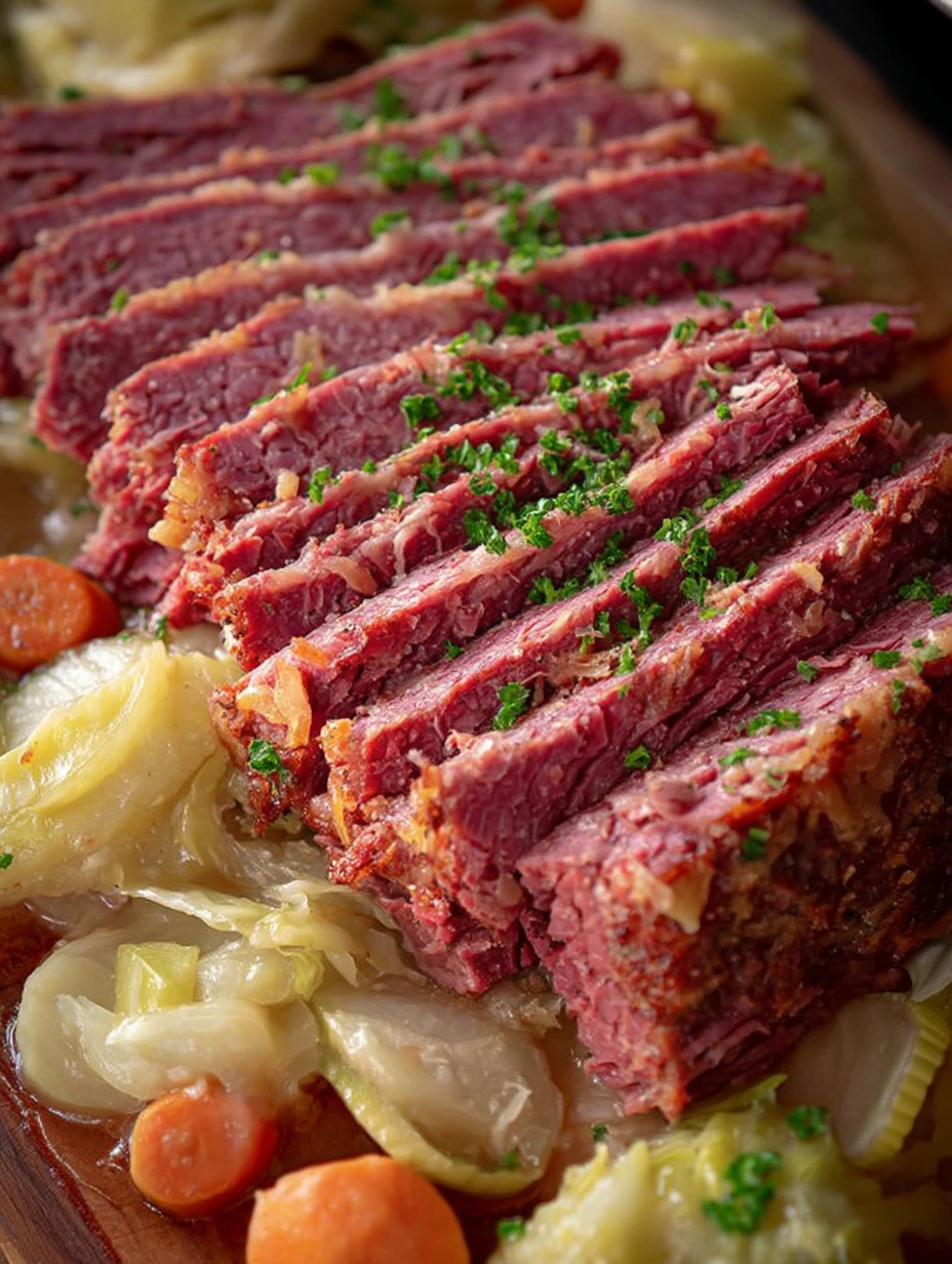 Delicious slow-cooked corned beef with vegetables on a serving platter
