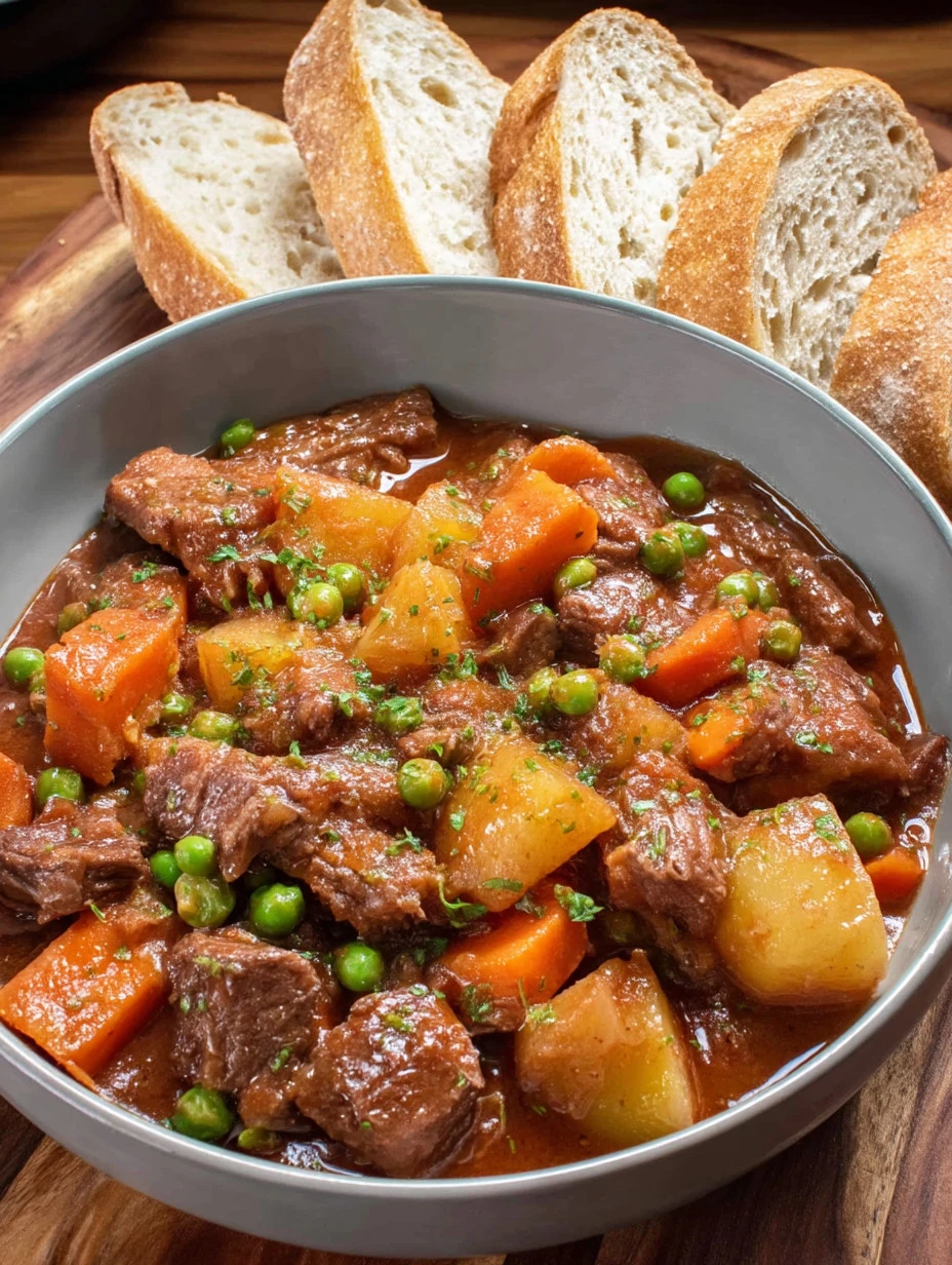Delicious slow cooker beef stew filled with tender meat and vegetables.