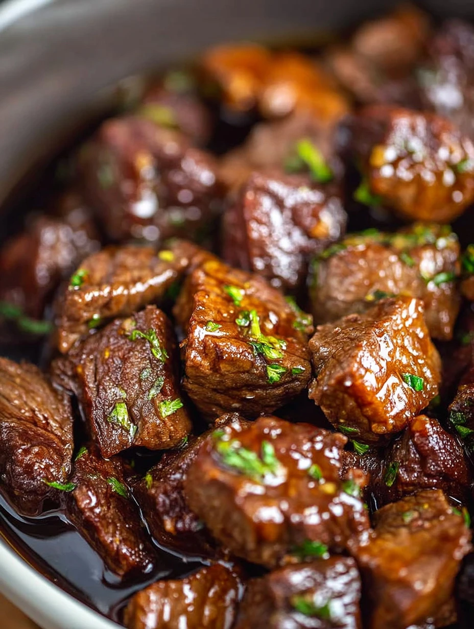 Delicious slow cooker honey garlic steak bites served on a plate.