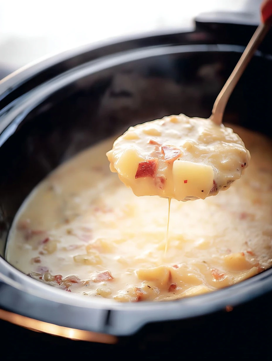 Bowl of slow cooker potato soup with toppings, beautifully presented.