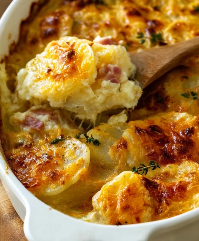 Smoked ham and cheddar potato bake with golden crust and melted cheese