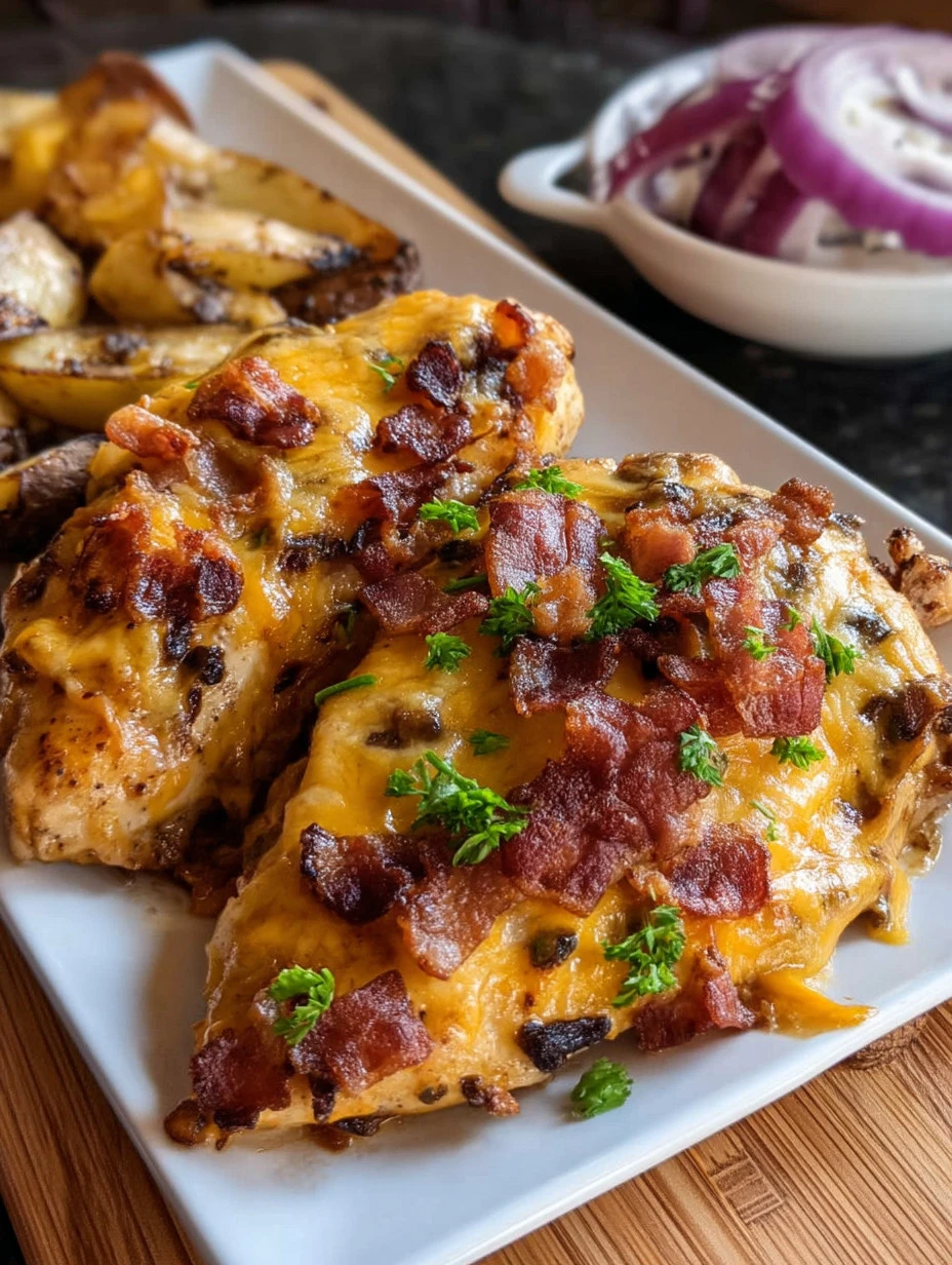 Delicious smothered chicken topped with bacon and cheese on a plate