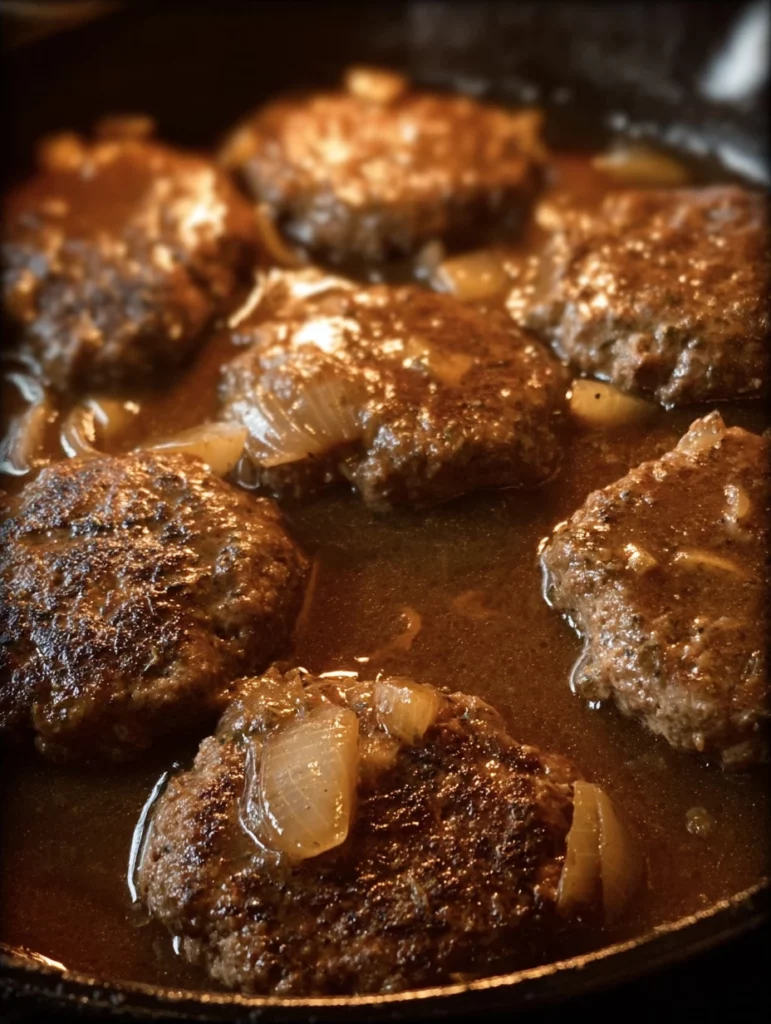 Delicious smothered hamburger steak with gravy served on a plate