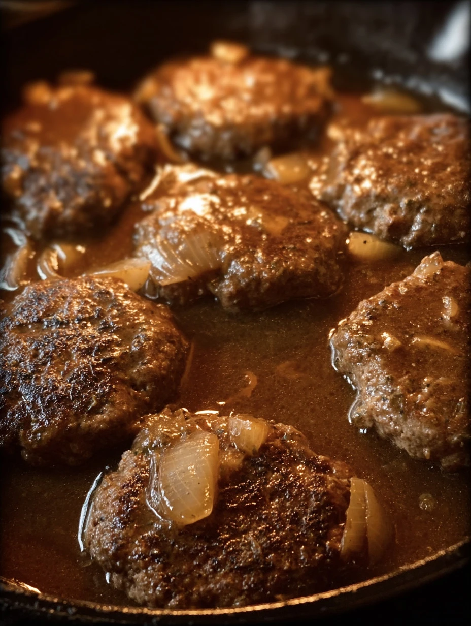 Delicious smothered hamburger steak with gravy served on a plate