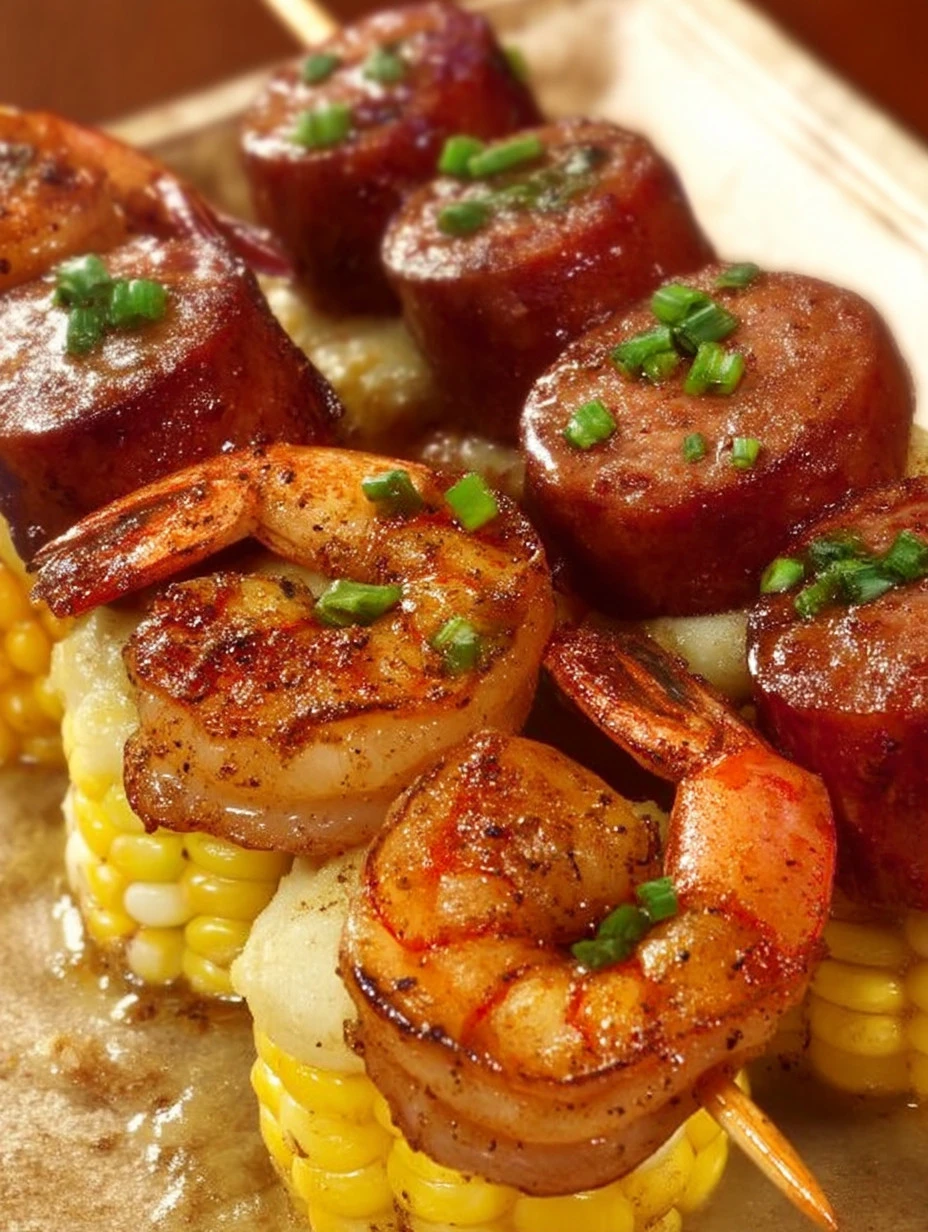 Delicious Southern shrimp and Andouille skewers on a grill