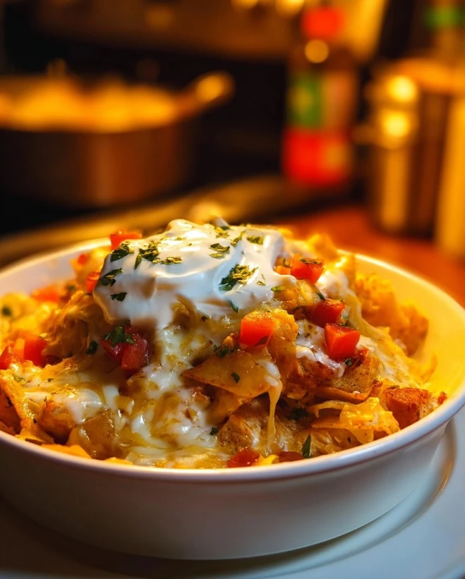 Spicy Mexican White Trash Casserole topped with cheese and jalapeños