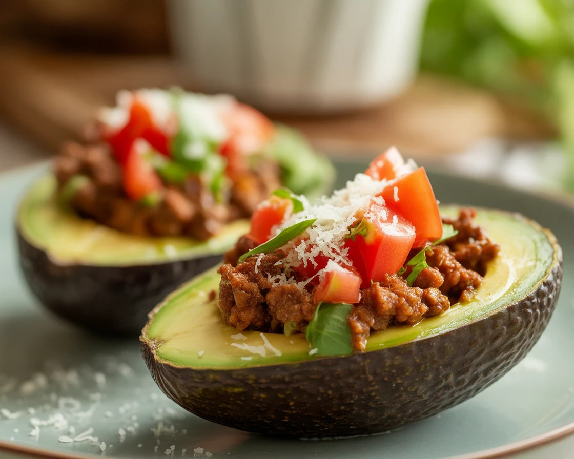 Taco-Stuffed Avocados filled with beef, cheese, lettuce, and tomatoes for a healthy dinner