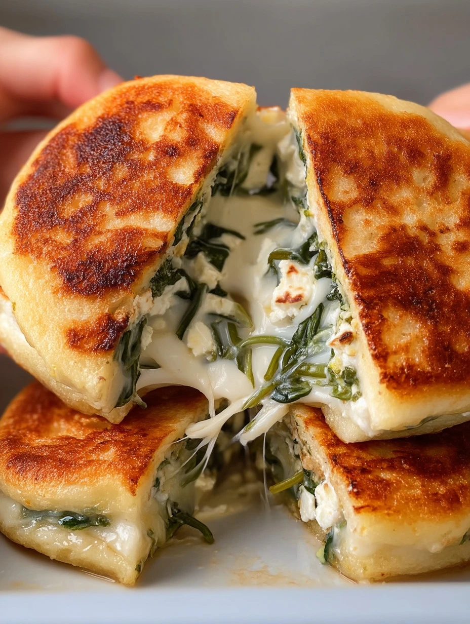 Spinach and feta grilled cheese sandwich with melted cheese and fresh spinach