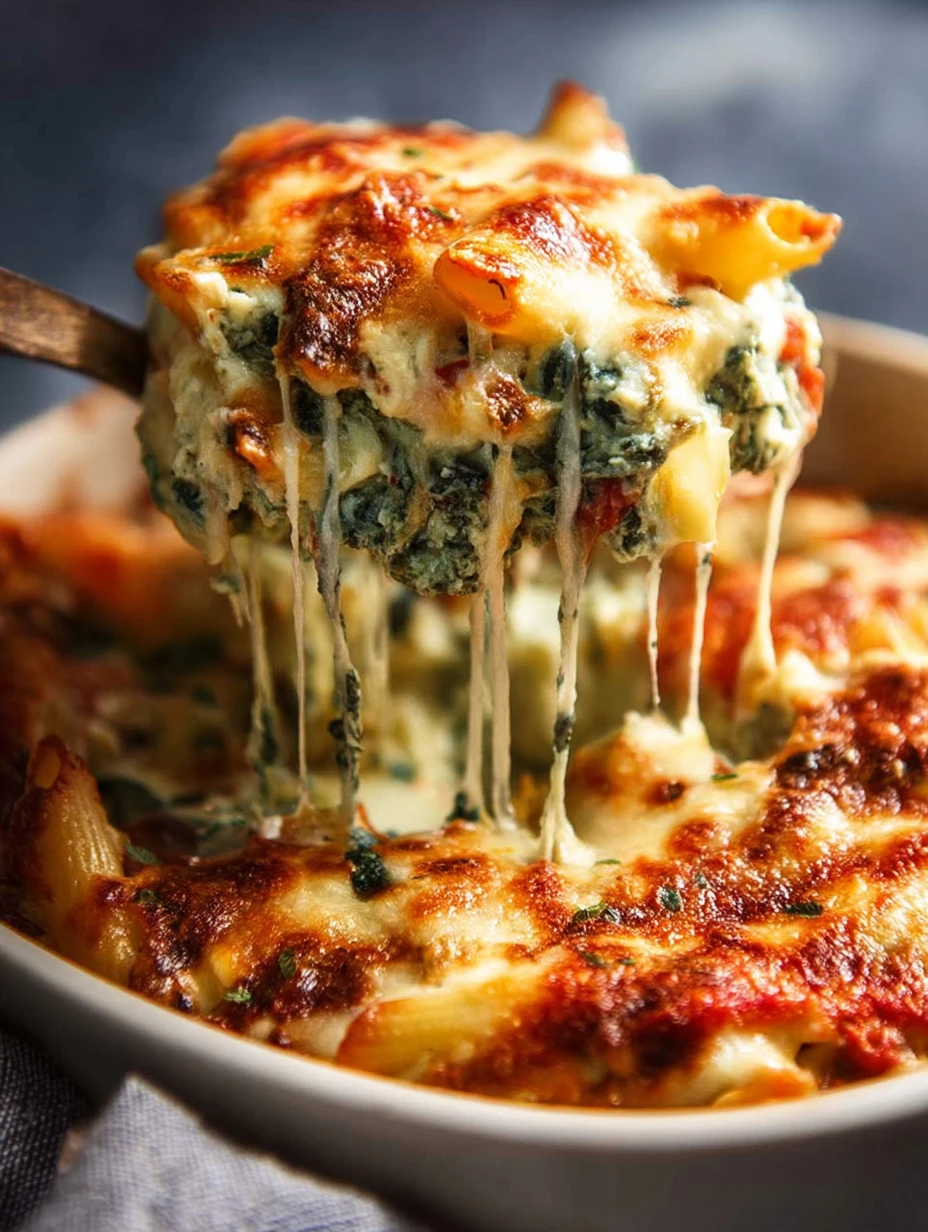 Delicious Spinach Ricotta Pasta Bake served in a casserole dish