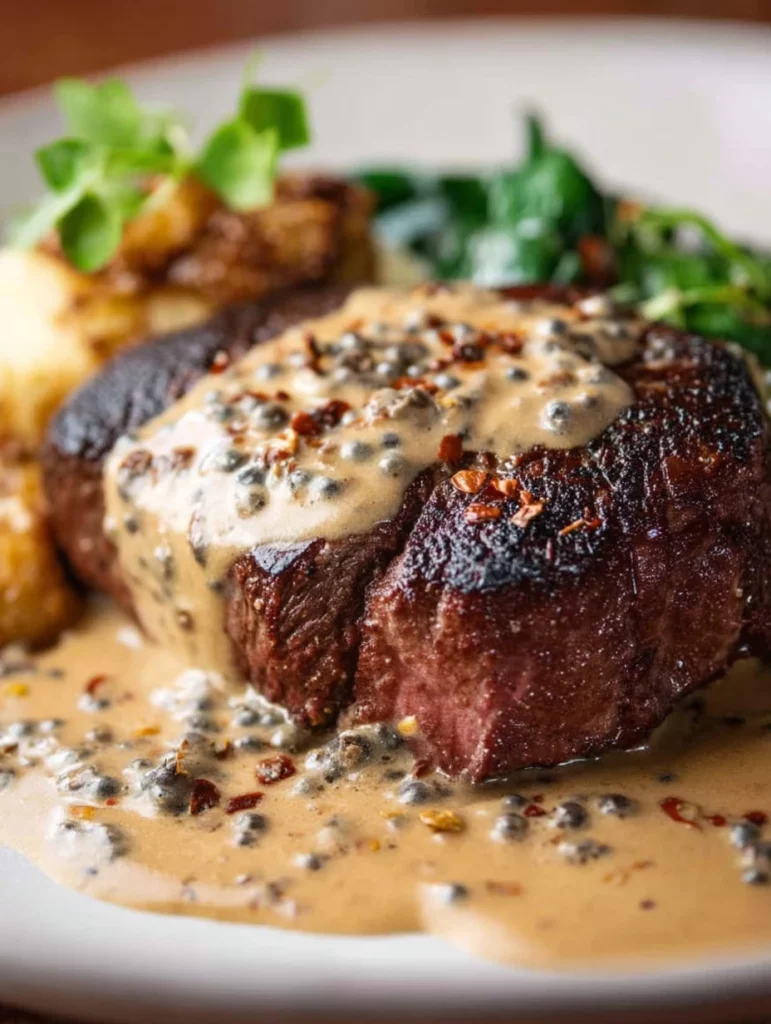 Juicy steak served with creamy peppercorn sauce on a plate