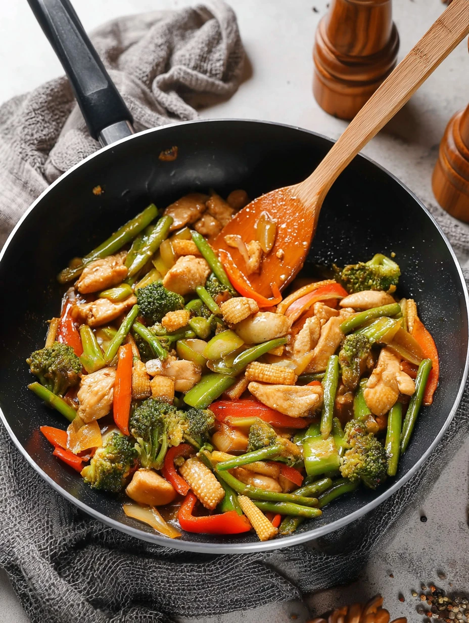 Delicious stir fry with colorful frozen vegetables in a skillet