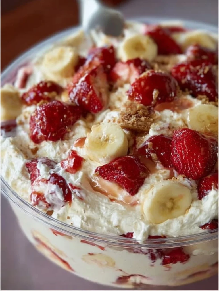 Creamy Strawberry Banana Cheesecake Salad in a bowl with fresh fruit garnish