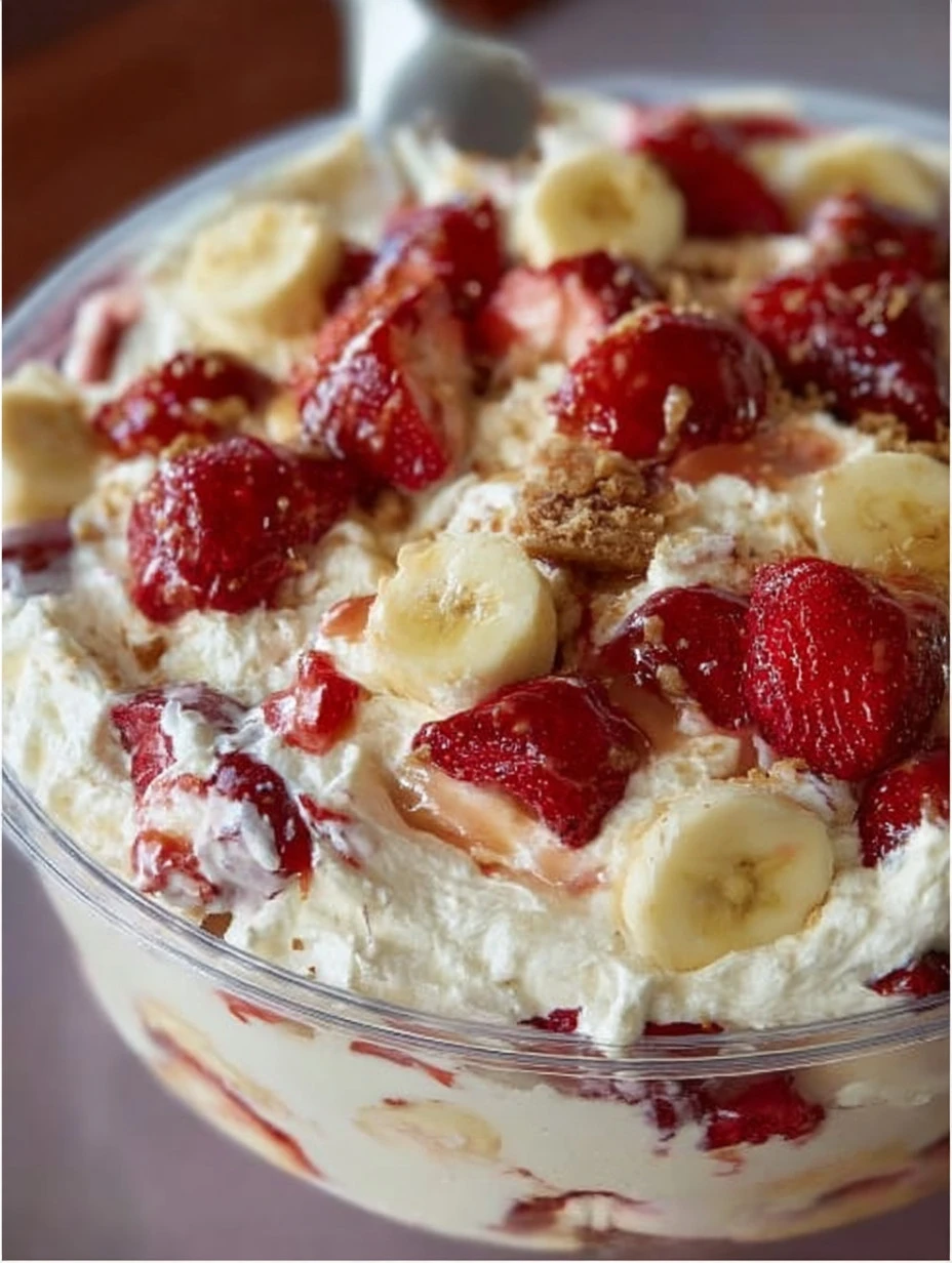 Creamy Strawberry Banana Cheesecake Salad in a bowl with fresh fruit garnish