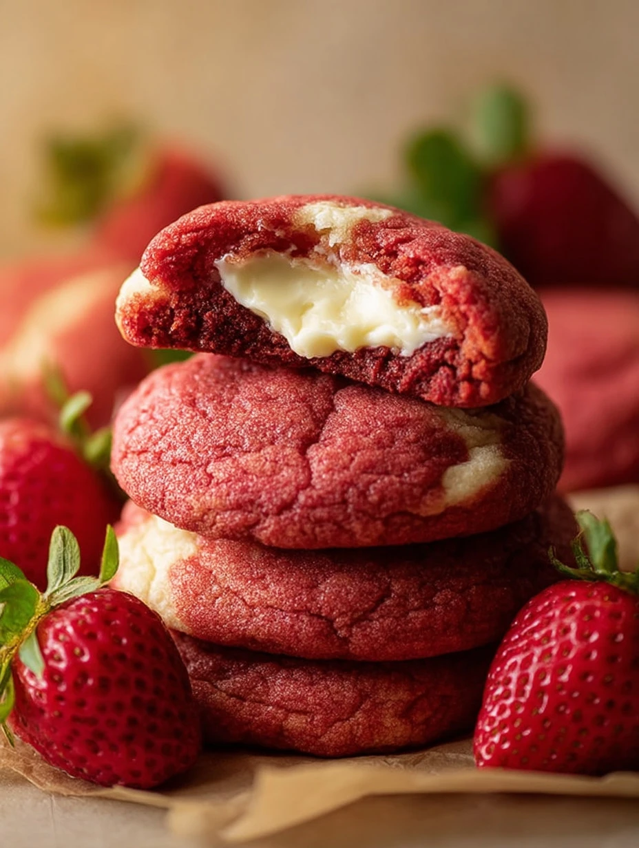Freshly baked strawberry cheesecake cookies on a wooden table.