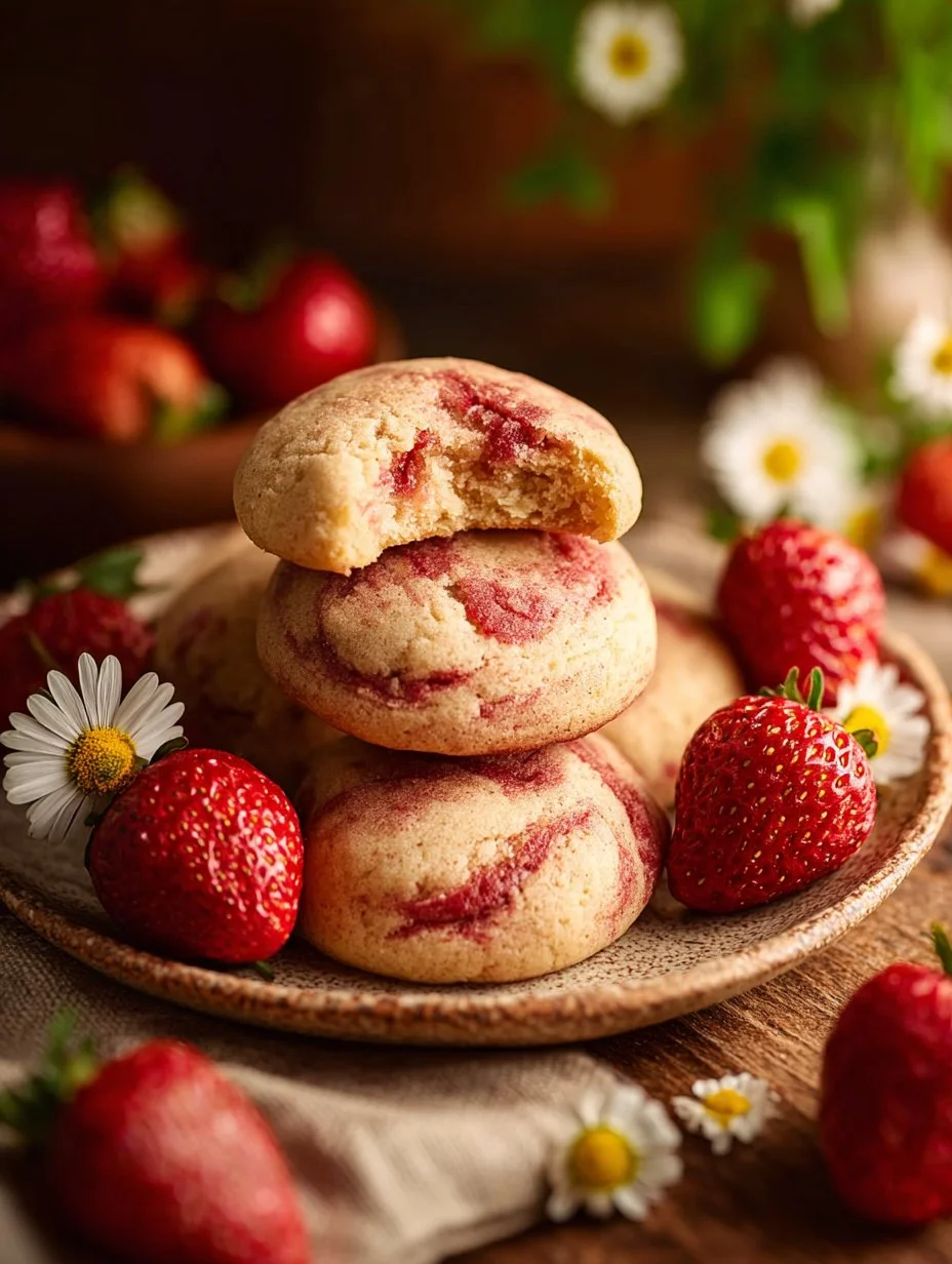 Delicious strawberry cheesecake cookies displayed on a plate with fresh strawberries