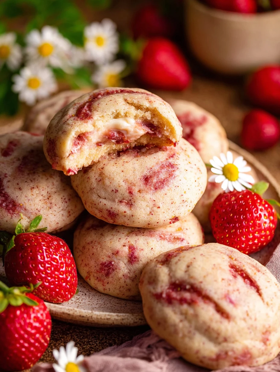 Freshly baked strawberry cheesecake cookies on a cooling rack