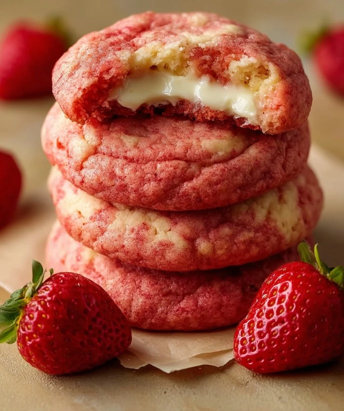 Delicious strawberry cheesecake cookies topped with fresh strawberries and whipped cream.
