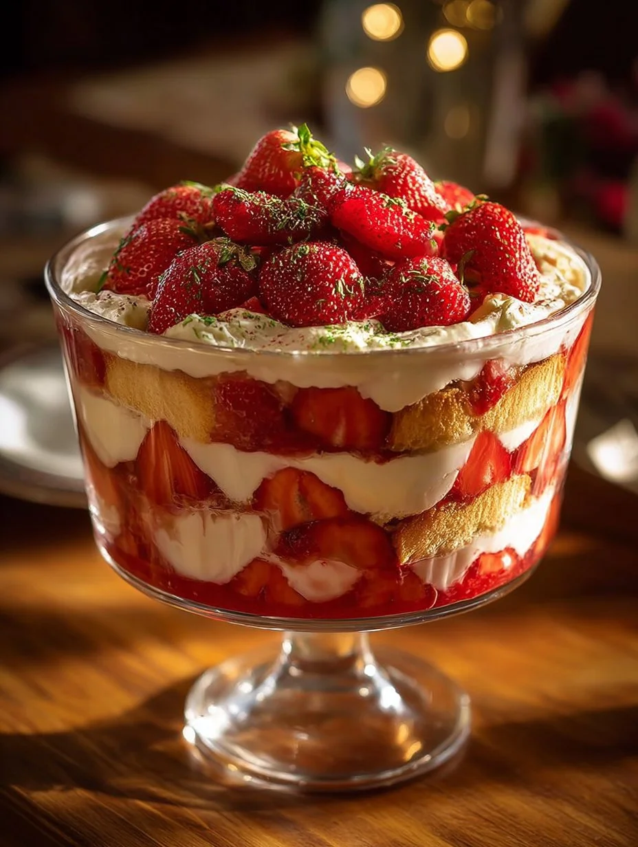 Delicious strawberry cheesecake trifle with layers of cream and fresh strawberries