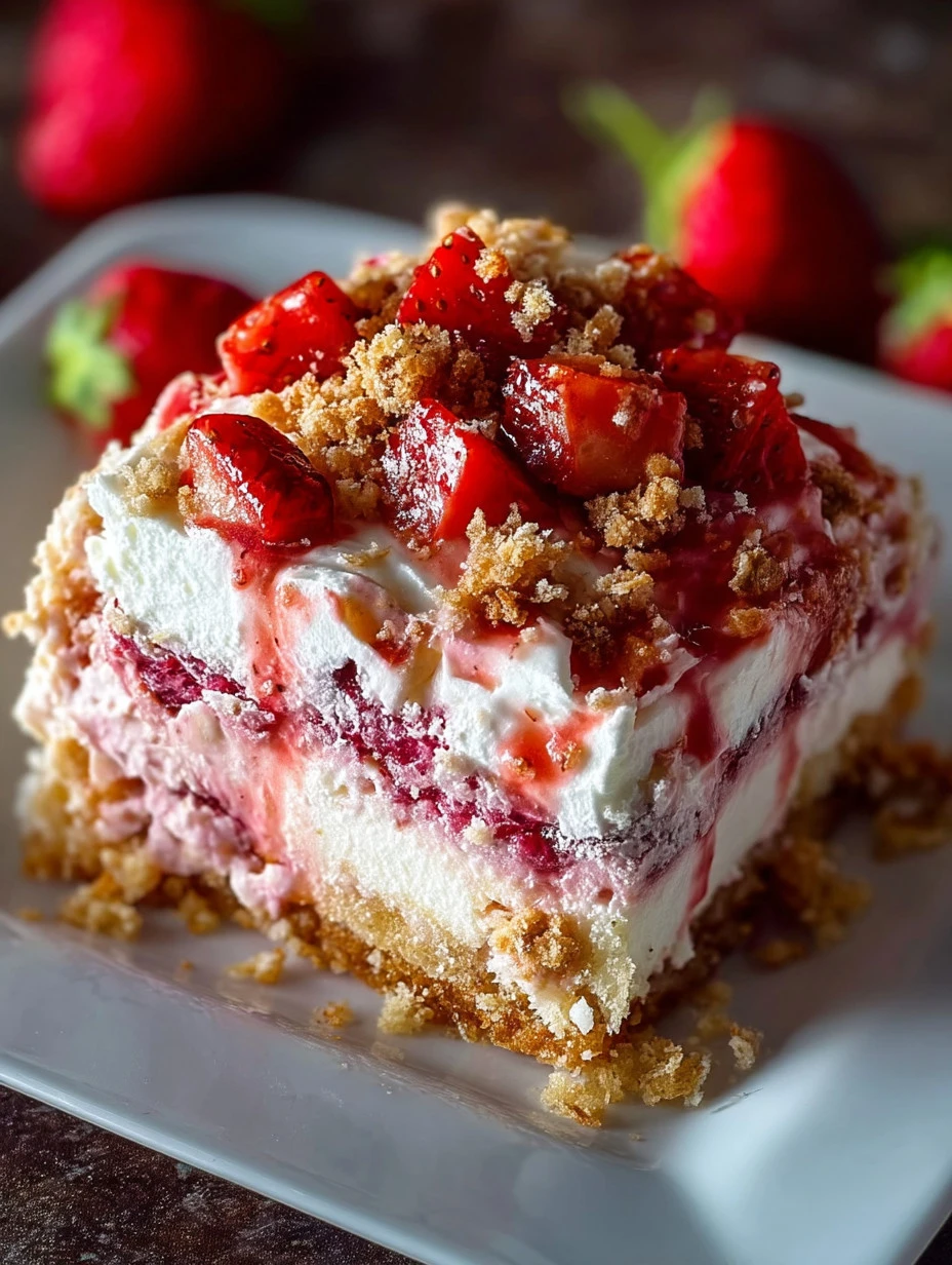 Strawberry Crunch Poke Cake with whipped cream and strawberry topping