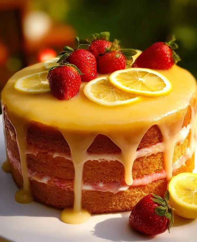 Strawberry Lemonade Buttermilk Cake with fresh strawberries and lemon zest.
