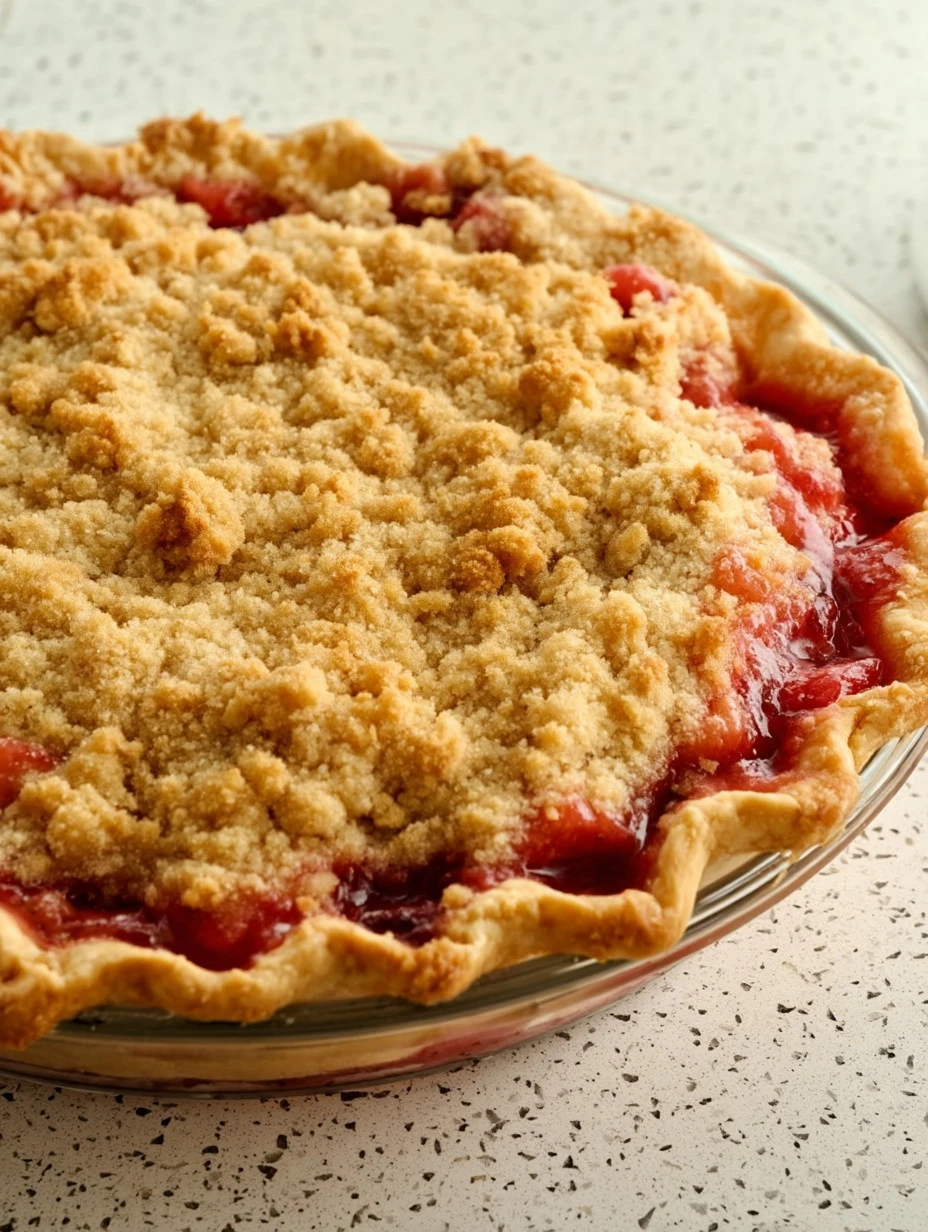Delicious strawberry rhubarb crisp topped with oats and brown sugar