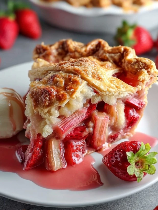 Savory homemade strawberry rhubarb pie with a golden crust and fresh fruit filling.