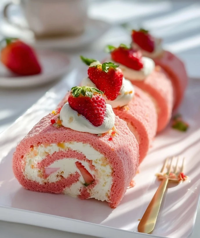 Strawberry shortcake cheesecake rolls served on a plate with fresh strawberries.