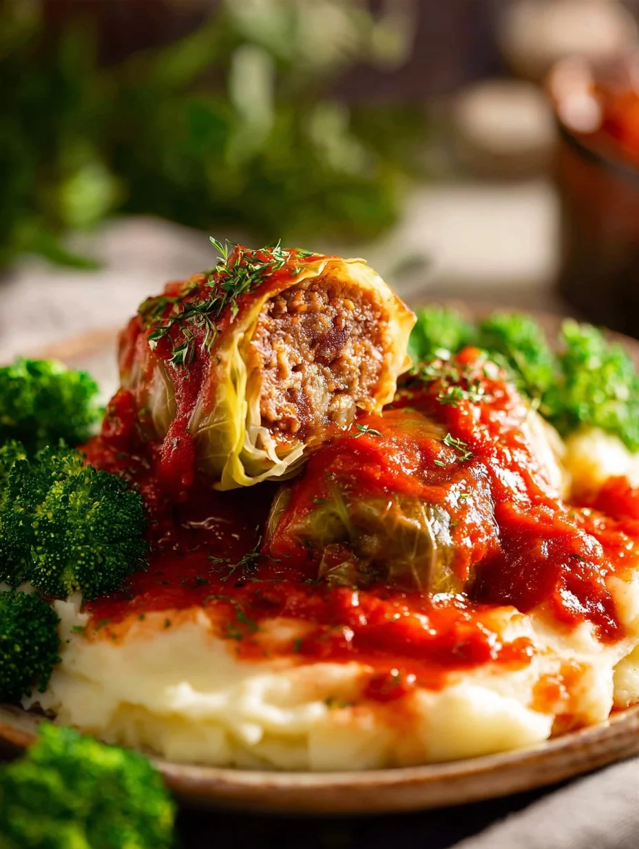 Delicious stuffed cabbage rolls stuffed with meat and rice, topped with savory sauce.