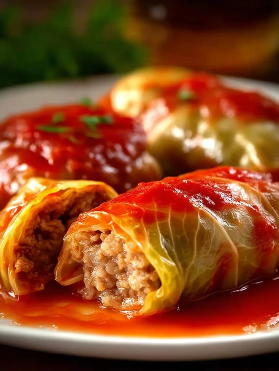 Delicious plate of stuffed cabbage rolls with meat and rice filling.