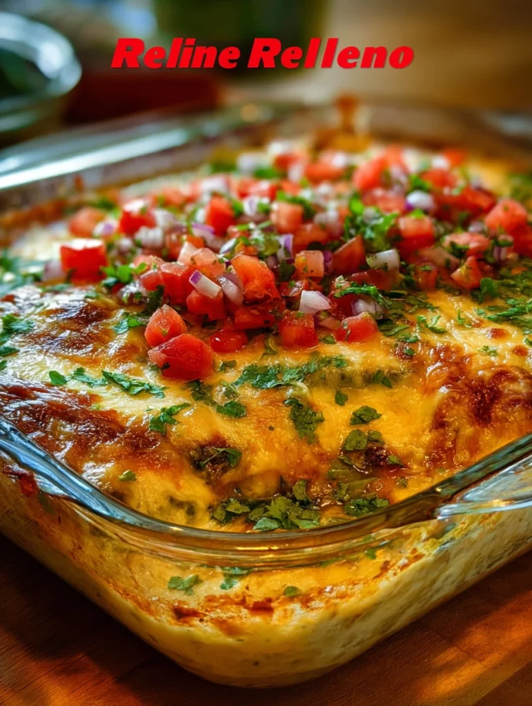 Delicious stuffed chile casserole topped with cheese and fresh ingredients
